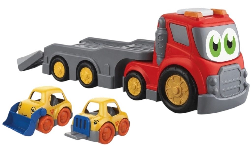 Camion Platforma Transport Masini Cu Frictiune Oraselul Agitat, Cu Lumini Si Sunete, Jucarie Interactiva Camion Cu Rampa Si 2 Masinute Incluse, Vehicul Transport Auto Pentru Copii 18+ Luni, Rosu 1