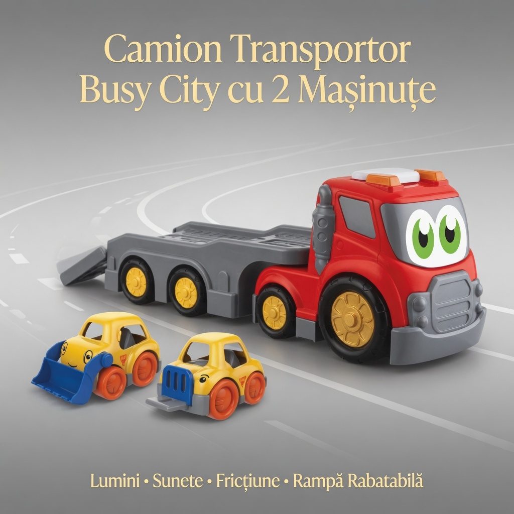 Camion Platforma Transport Masini Cu Frictiune Oraselul Agitat, Cu Lumini Si Sunete, Jucarie Interactiva Camion Cu Rampa Si 2 Masinute Incluse, Vehicul Transport Auto Pentru Copii 18+ Luni, Rosu 2