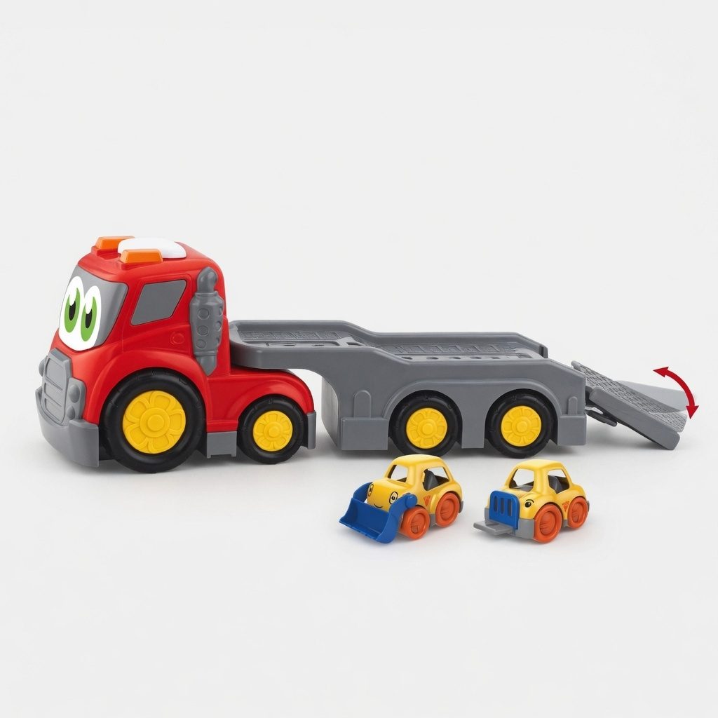 Camion Platforma Transport Masini Cu Frictiune Oraselul Agitat, Cu Lumini Si Sunete, Jucarie Interactiva Camion Cu Rampa Si 2 Masinute Incluse, Vehicul Transport Auto Pentru Copii 18+ Luni, Rosu 4