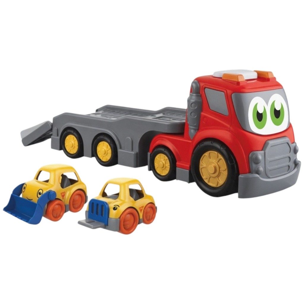 Camion Platforma Transport Masini Cu Frictiune Oraselul Agitat, Cu Lumini Si Sunete, Jucarie Interactiva Camion Cu Rampa Si 2 Masinute Incluse, Vehicul Transport Auto Pentru Copii 18+ Luni, Rosu 3
