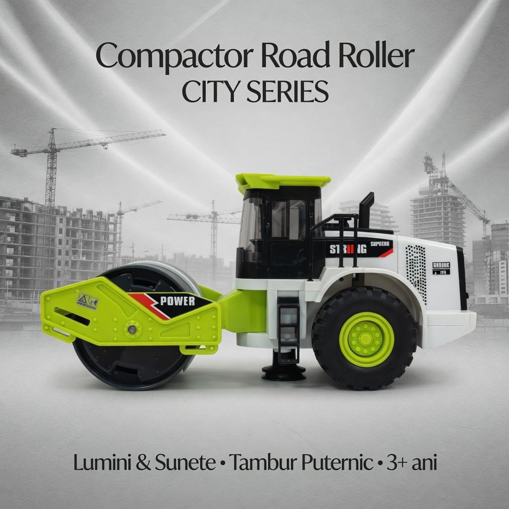 Compactor Drum Cu Frictiune Pentru Copii, Jucarie Utilaj Constructii Cu Rola Mare Frontala Si Directie, Vehicul Santier Tip Road Roller Realist Cu Lumini Si Sunete, Masina Nivelare Drumuri Mare, Copii 3+ Ani, Verde 2