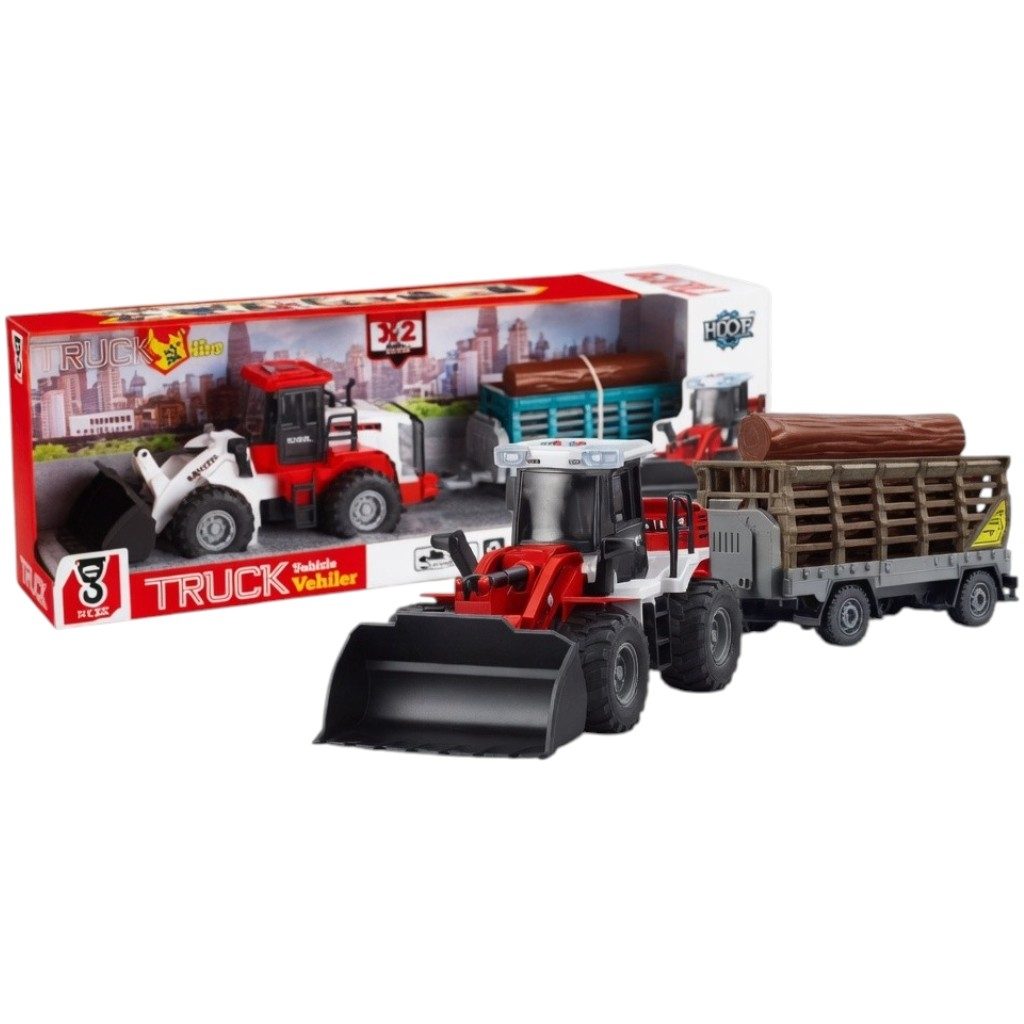 Buldozer Cu Lama Frontala Si Remorca Pentru Busteni, Jucarie Utilaj Forestier Cu Frictiune Pentru Copii, Incarcator Frontal Cu Remorca Transport Lemne, Vehicul Constructii Si Ferma Realist Mare, Copii 3+ Ani, Rosu 4