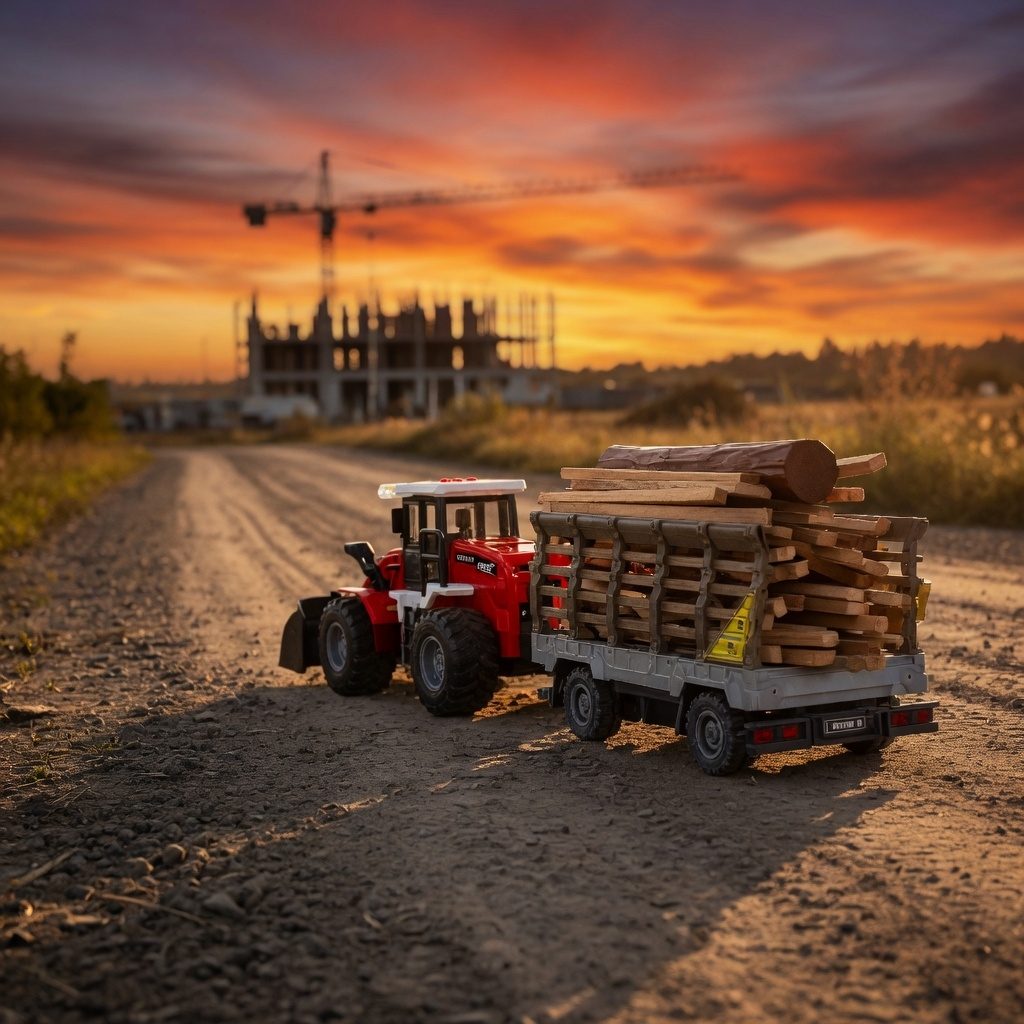 Buldozer Cu Lama Frontala Si Remorca Pentru Busteni, Jucarie Utilaj Forestier Cu Frictiune Pentru Copii, Incarcator Frontal Cu Remorca Transport Lemne, Vehicul Constructii Si Ferma Realist Mare, Copii 3+ Ani, Rosu 5
