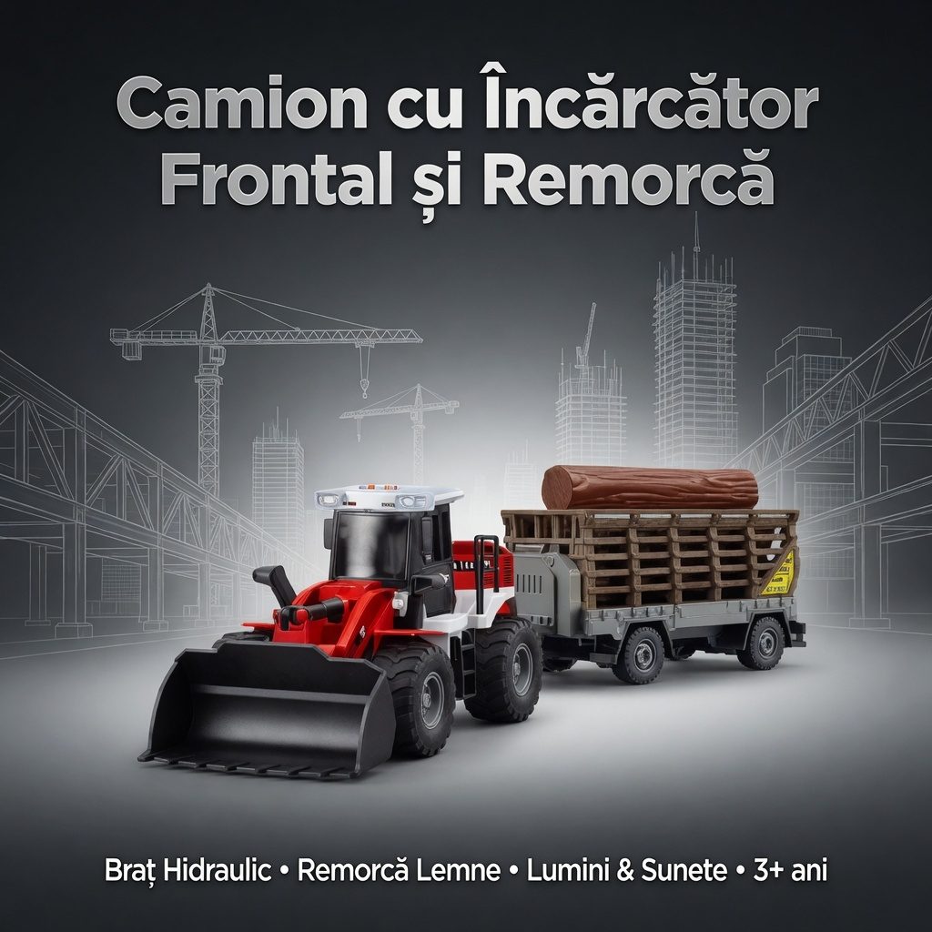 Buldozer Cu Lama Frontala Si Remorca Pentru Busteni, Jucarie Utilaj Forestier Cu Frictiune Pentru Copii, Incarcator Frontal Cu Remorca Transport Lemne, Vehicul Constructii Si Ferma Realist Mare, Copii 3+ Ani, Rosu 3