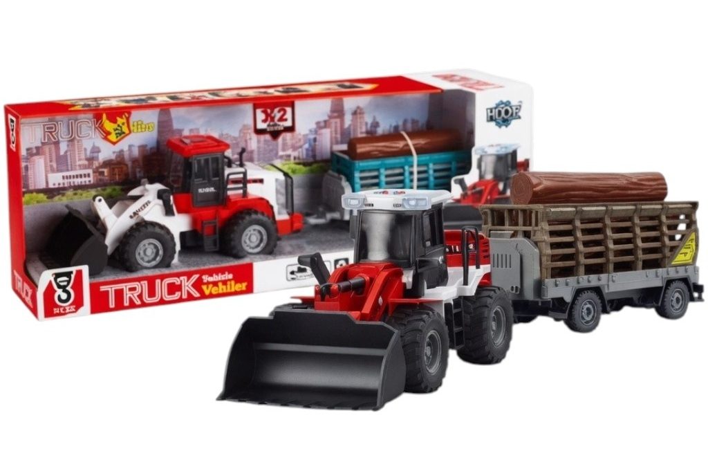 Buldozer Cu Lama Frontala Si Remorca Pentru Busteni, Jucarie Utilaj Forestier Cu Frictiune Pentru Copii, Incarcator Frontal Cu Remorca Transport Lemne, Vehicul Constructii Si Ferma Realist Mare, Copii 3+ Ani, Rosu 2