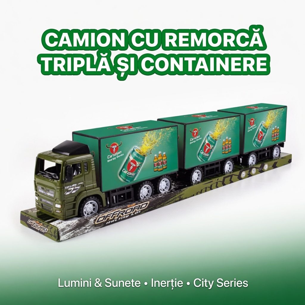 Camion Cu Remorca Tripla Si Containere, Cu Frictiune, Jucarie Interactiva Transport Marfa, Tir Lung Cu 3 Remorci Si Container Detasabil, Vehicul Transport Logistic Realist, Camion Mare 80CM, Pentru Copii 3+ Ani, Verde 2