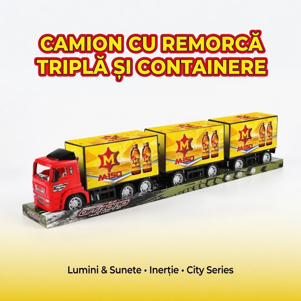 Camion Cu Remorca Tripla Si Containere, Cu Frictiune, Jucarie Interactiva Transport Marfa, Tir Lung Cu 3 Remorci Si Container Detasabil, Vehicul Transport Logistic Realist, Camion Mare 80CM, Pentru Copii 3+ Ani, Rosu 2