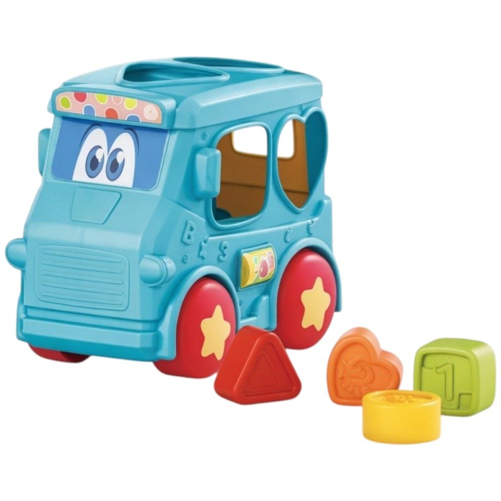 Autobuz Sortator Forme Pentru Copii Cu Frictiune, Jucarie Interactiva Cu Forme Geometrice Si Activitati, Vehicul Educativ Cu Lumini Si Sunete, Autobuz Pentr Copii 18+ Luni, Albastru 2