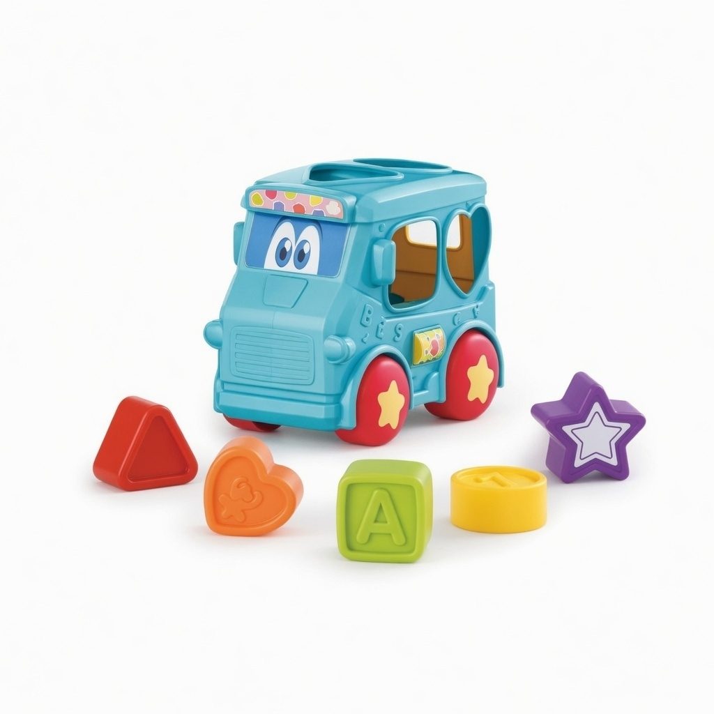 Autobuz Sortator Forme Pentru Copii Cu Frictiune, Jucarie Interactiva Cu Forme Geometrice Si Activitati, Vehicul Educativ Cu Lumini Si Sunete, Autobuz Pentr Copii 18+ Luni, Albastru