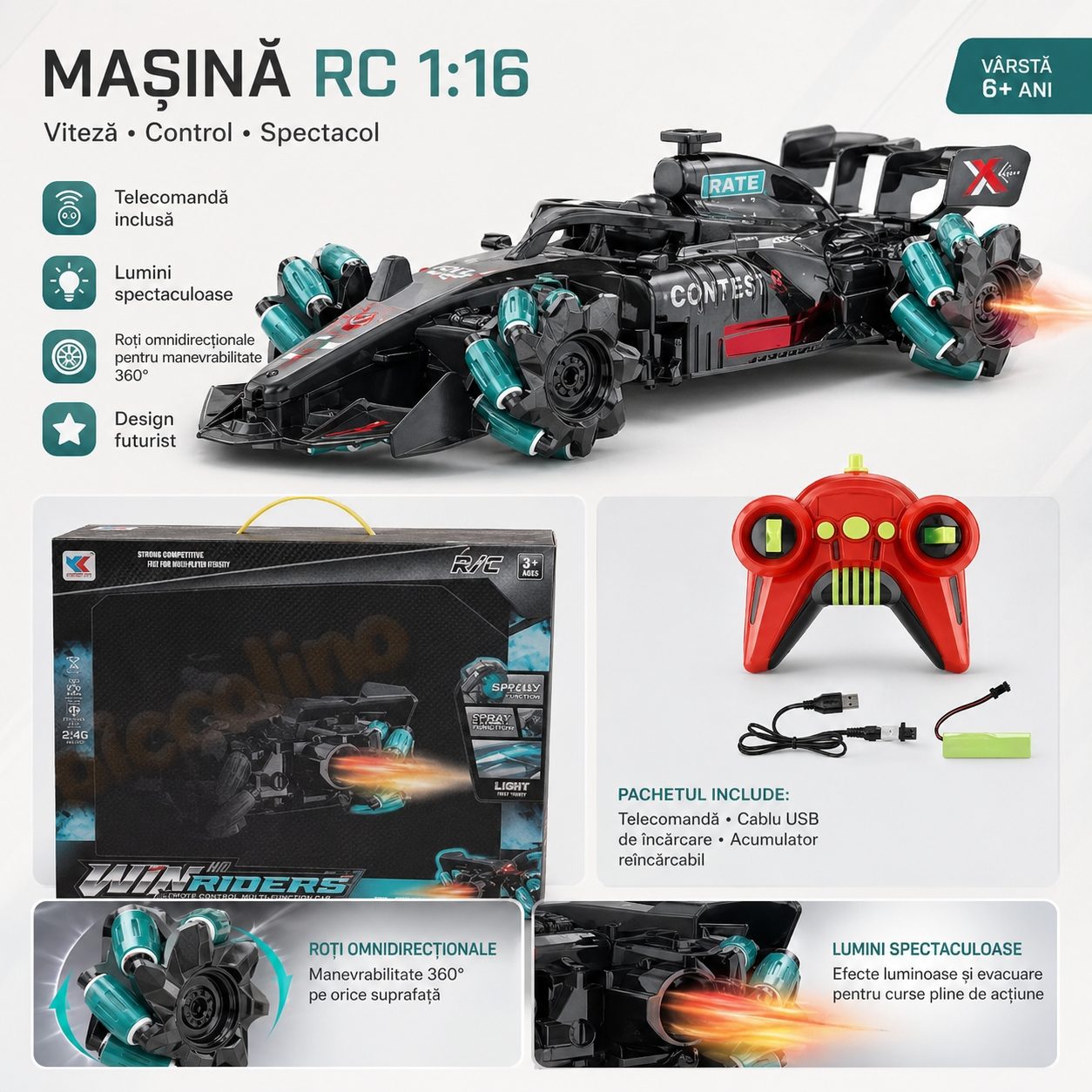 Masina RC Drift 2.4GHz, Scara 1:16, Pentru Copii Cu Roti Rotative 360° Si Lumini LED, Masinuta Stunt Controlata Din Telecomanda Cu Miscare Laterala Si Efecte Luminoase, Vehicul RC Interactiv Cu Incarcare USB Copii 3+ Ani, Negru/Verde 2