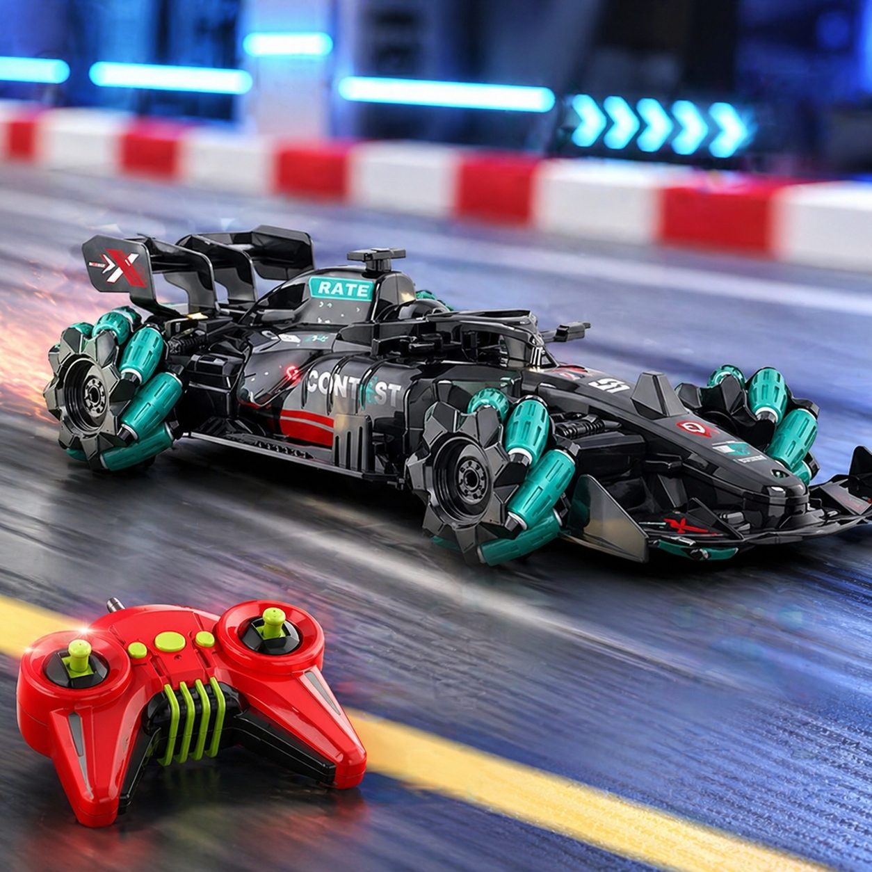 Masina RC Drift 2.4GHz, Scara 1:16, Pentru Copii Cu Roti Rotative 360° Si Lumini LED, Masinuta Stunt Controlata Din Telecomanda Cu Miscare Laterala Si Efecte Luminoase, Vehicul RC Interactiv Cu Incarcare USB Copii 3+ Ani, Negru/Verde 5