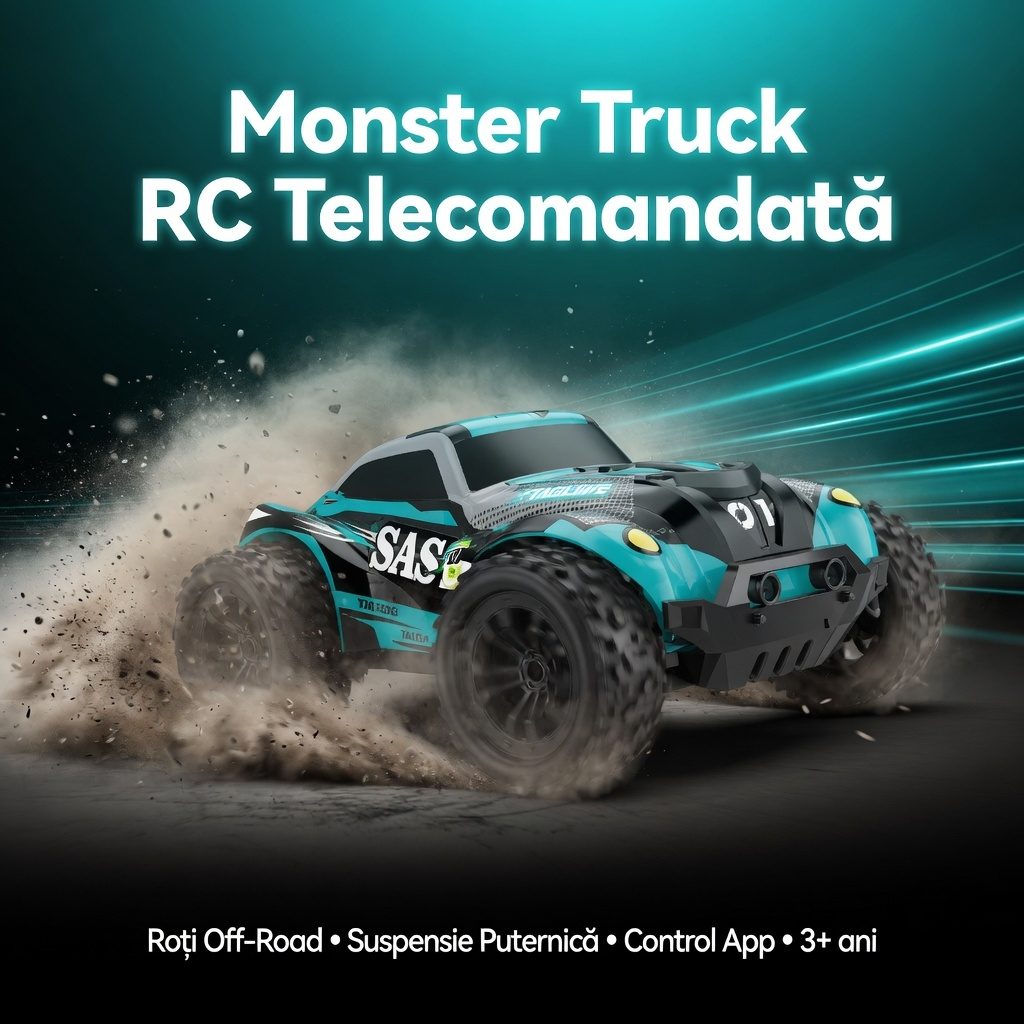 Masina RC Off Road 4x4 Cu Telecomanda 2.4GHz Si Control Prin Aplicatie Telefon, Masina Cu Suspensii Mari Si Design Racing, Vehicul Rapid Cu Control Wireless Stabil, Masina Interactiva Pentru Joaca Interior Exterior Copii 3+ Ani, Albastru 2