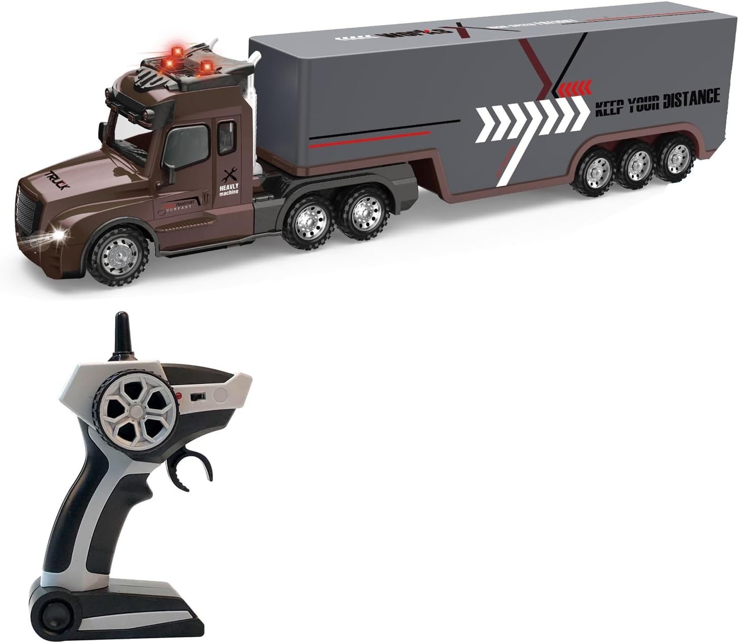 Camion Remorca Cu Telecomandat RC 1:24, Semi Trailer cu Lumini LED, Sunete Realiste si Muzica, Remorca Detasabila pentru Transport, Jucarie de Constructie pentru Copii 1