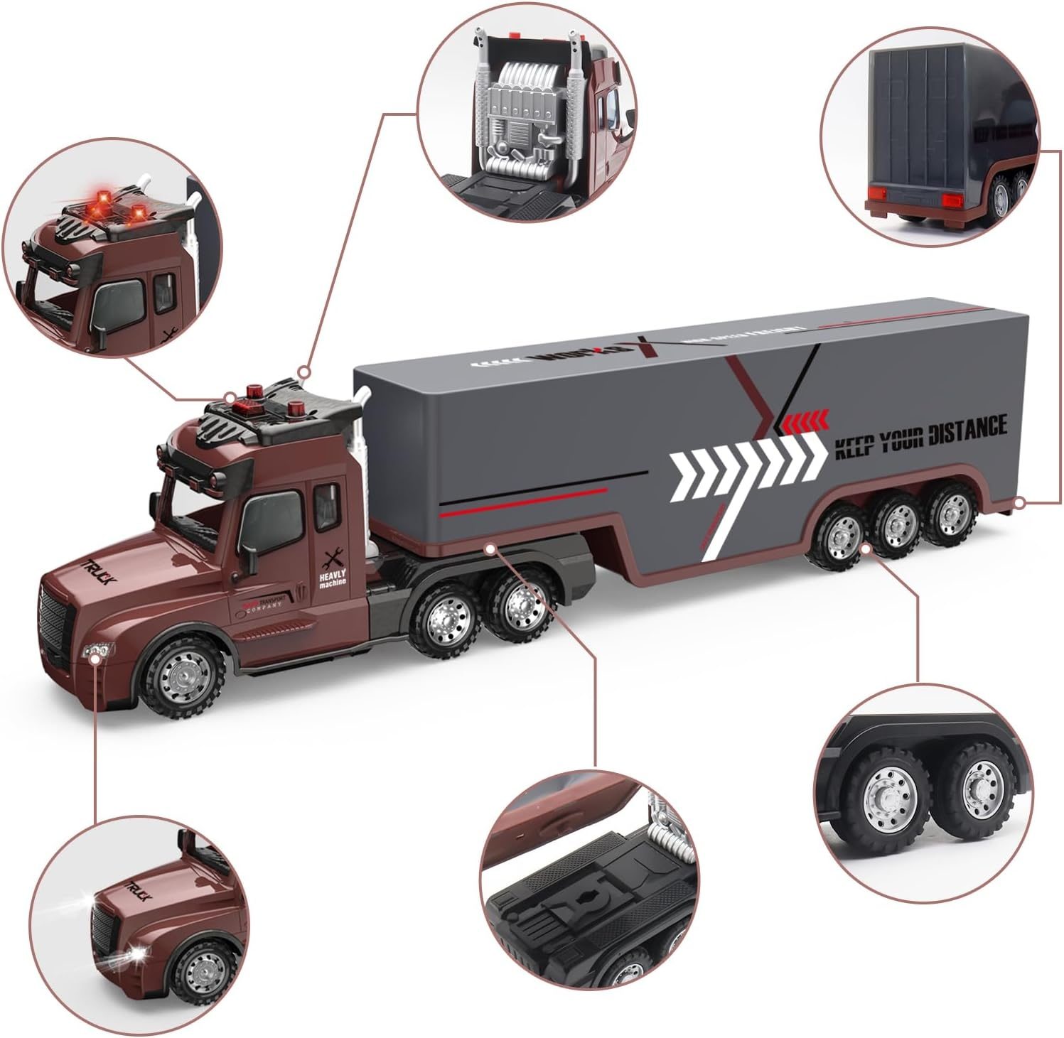 Camion Remorca Cu Telecomandat RC 1:24, Semi Trailer cu Lumini LED, Sunete Realiste si Muzica, Remorca Detasabila pentru Transport, Jucarie de Constructie pentru Copii 5