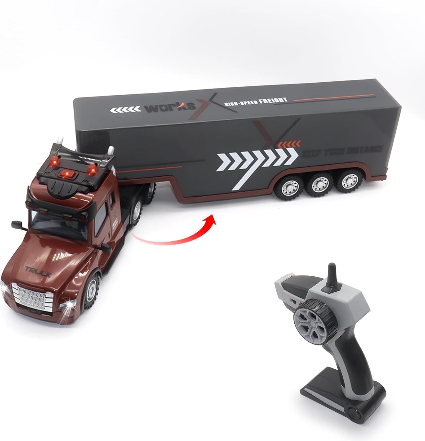 Camion Remorca Cu Telecomandat RC 1:24, Semi Trailer cu Lumini LED, Sunete Realiste si Muzica, Remorca Detasabila pentru Transport, Jucarie de Constructie pentru Copii 4