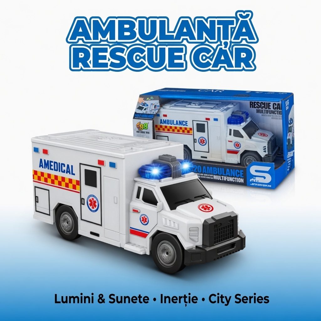 Ambulanta De Salvare Cu Frictiune, Scara 1:20, Cu Lumini Si Sunete, Jucarie Interactiva Vehicul Medical Multifunctional Pentru Copii, Masina De Urgenta Realistica Rescue Car, Efecte Luminoase Si Sonore, Pentru Copii 3+ Ani, Alb 2