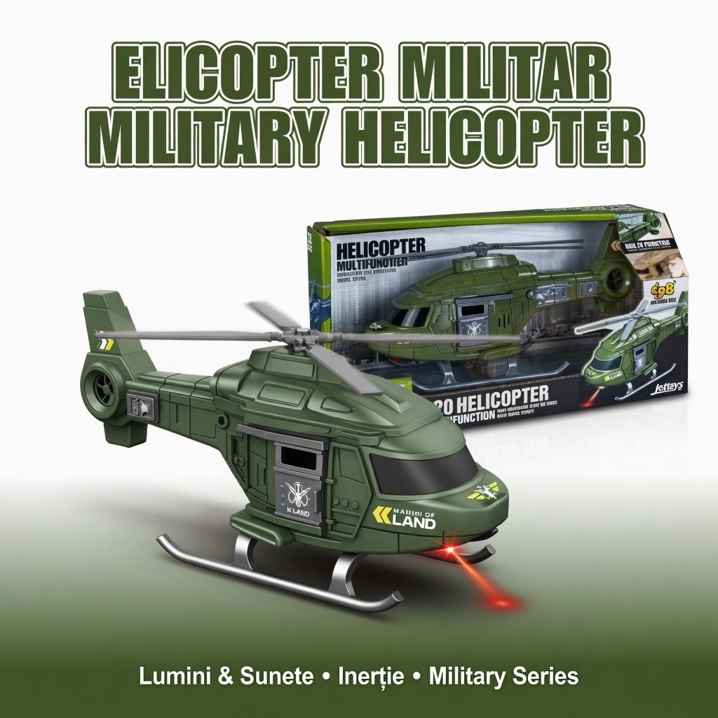 Elicopter Militar Cu Frictiune, Scara 1:20, Cu Lumini Si Sunete, Jucarie Interactiva Vehicul De Interventie, Elicopter De Armata Cu Elice Rotativa Si Design Realist, Efecte Luminoase Si Sonore, Aventura De Salvare, Pentru Copii 3+ Ani, Verde 3