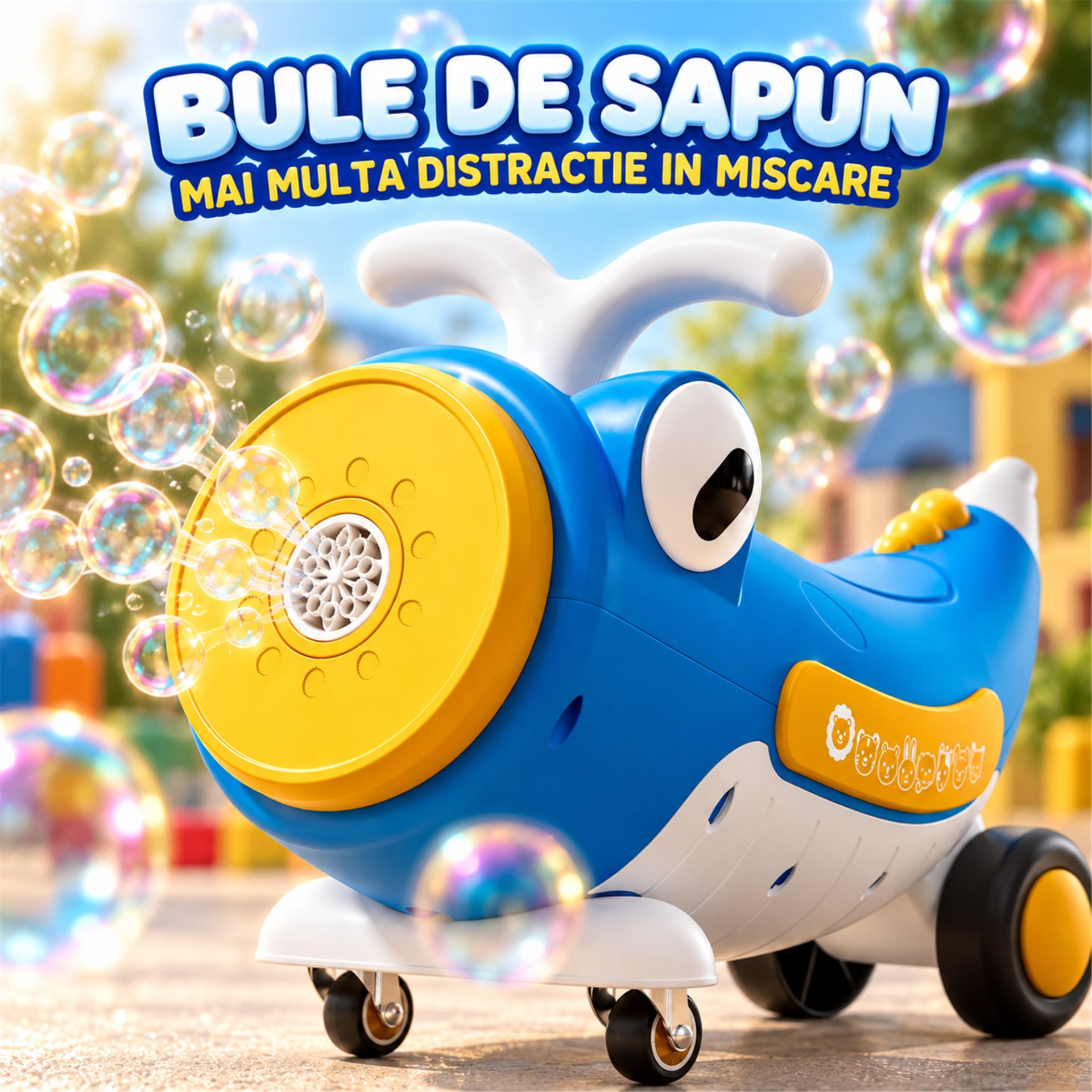 Vedere laterală mașinuță Ride-On Flippy balenă