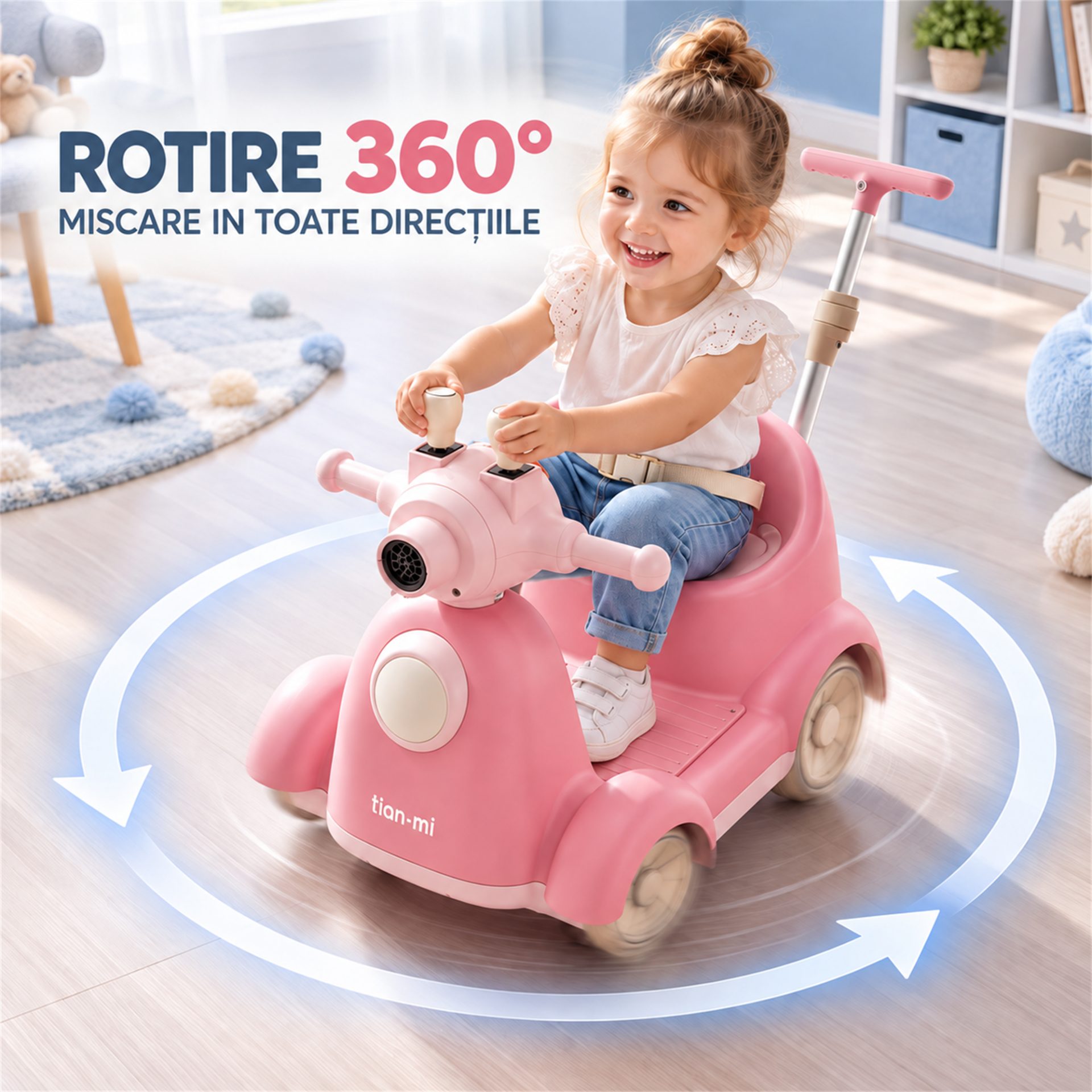 Masinuta Electrica Pentru Copii, Flippy, Cu Telecomanda, Rotire 360°, Bule De Sapun, Bluetooth, Muzica si Lumini, Maner Telescopic, Roz