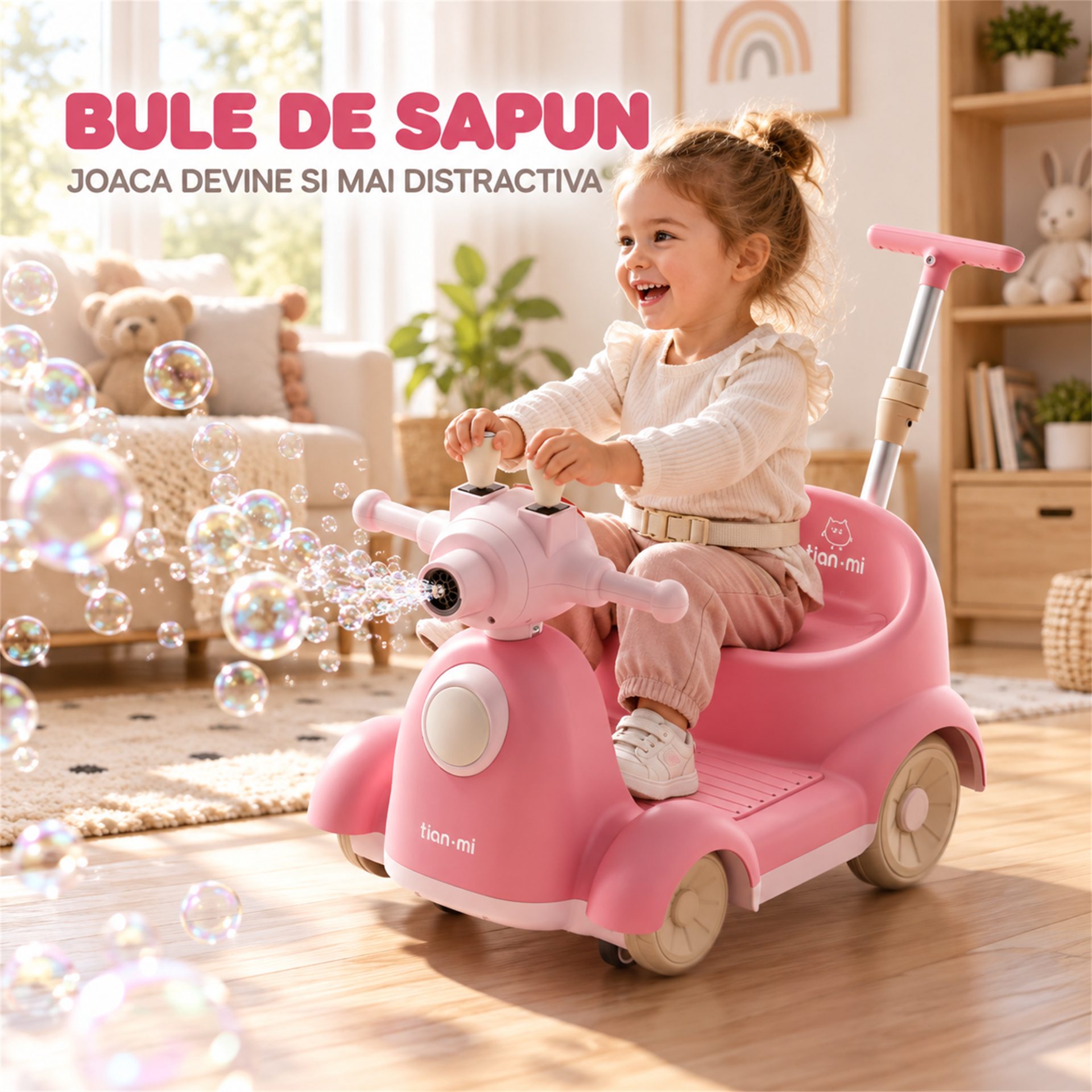 Masinuta Electrica Pentru Copii, Flippy, Cu Telecomanda, Rotire 360°, Bule De Sapun, Bluetooth, Muzica si Lumini, Maner Telescopic, Roz