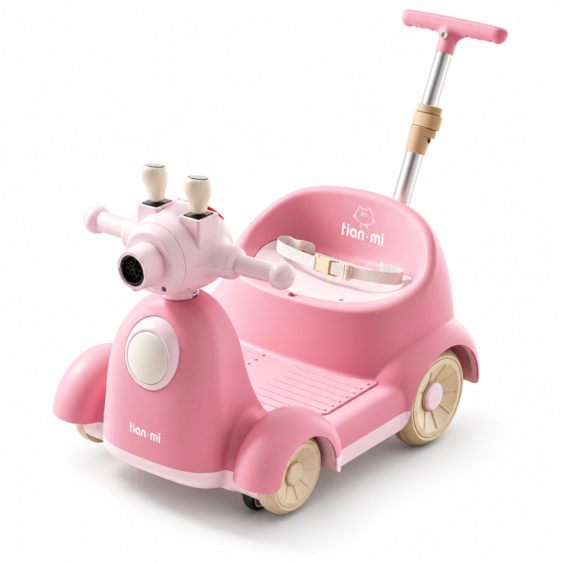 Masinuta Electrica Pentru Copii, Flippy, Cu Telecomanda, Rotire 360°, Bule De Sapun, Bluetooth, Muzica si Lumini, Maner Telescopic, Roz