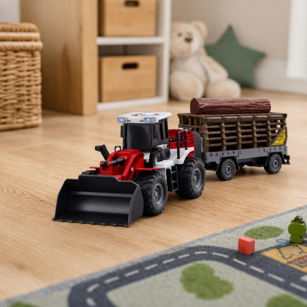 Buldozer Cu Lama Frontala Si Remorca Pentru Busteni, Jucarie Utilaj Forestier Cu Frictiune Pentru Copii, Incarcator Frontal Cu Remorca Transport Lemne, Vehicul Constructii Si Ferma Realist Mare, Copii 3+ Ani, Rosu