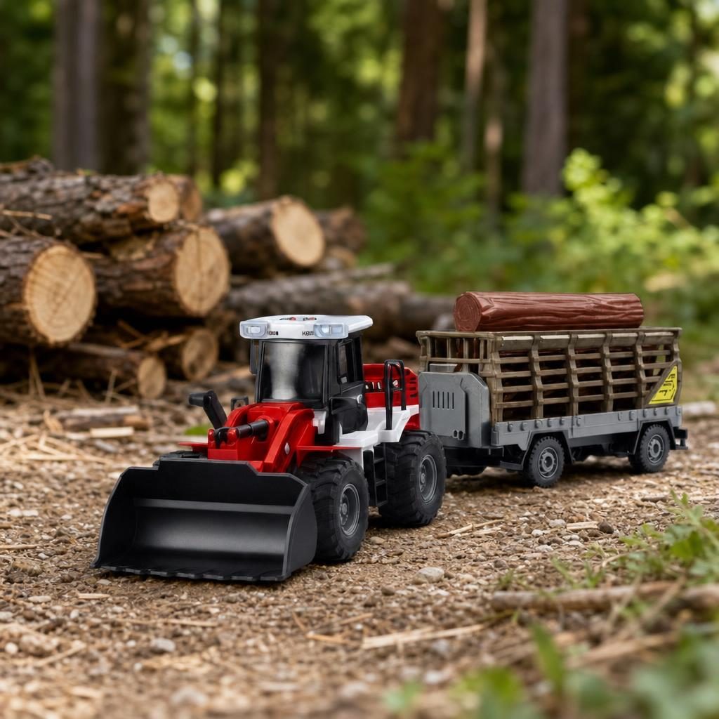 Buldozer Cu Lama Frontala Si Remorca Pentru Busteni, Jucarie Utilaj Forestier Cu Frictiune Pentru Copii, Incarcator Frontal Cu Remorca Transport Lemne, Vehicul Constructii Si Ferma Realist Mare, Copii 3+ Ani, Rosu