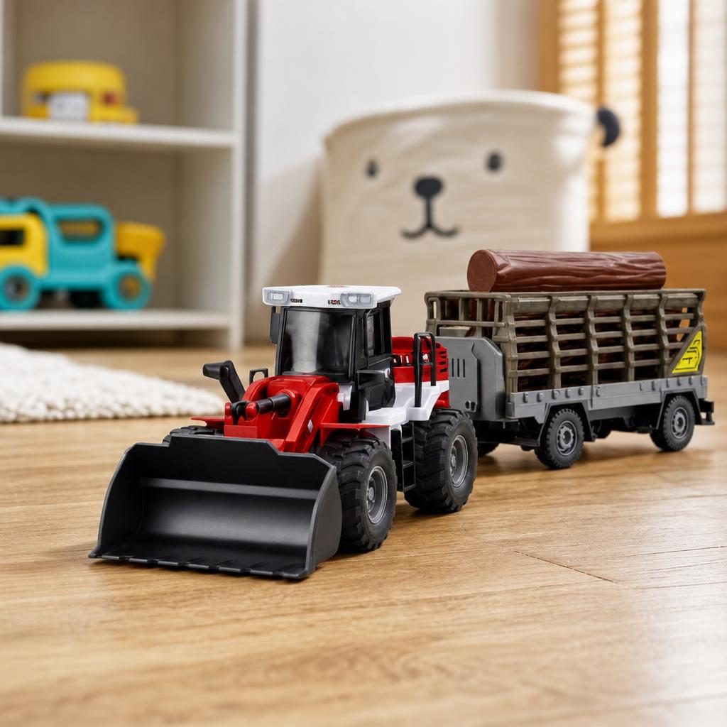 Buldozer Cu Lama Frontala Si Remorca Pentru Busteni, Jucarie Utilaj Forestier Cu Frictiune Pentru Copii, Incarcator Frontal Cu Remorca Transport Lemne, Vehicul Constructii Si Ferma Realist Mare, Copii 3+ Ani, Rosu