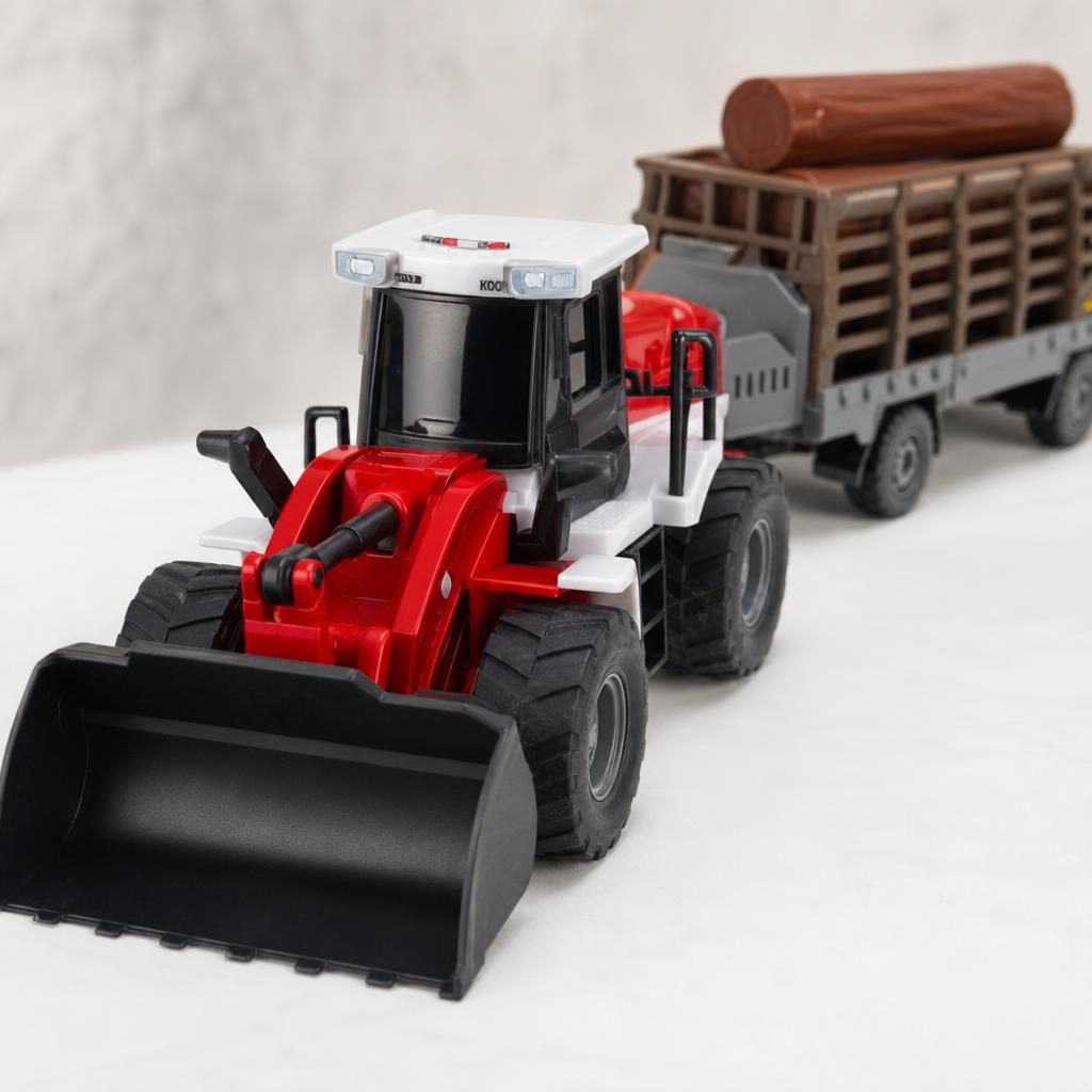 Buldozer Cu Lama Frontala Si Remorca Pentru Busteni, Jucarie Utilaj Forestier Cu Frictiune Pentru Copii, Incarcator Frontal Cu Remorca Transport Lemne, Vehicul Constructii Si Ferma Realist Mare, Copii 3+ Ani, Rosu