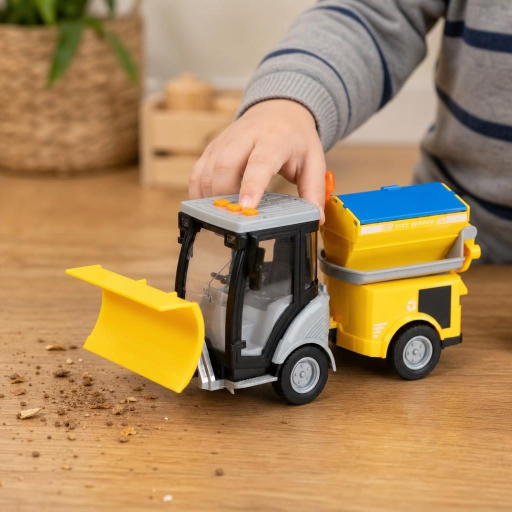 Masina de Maturat Stradala City Service 1:16 cu Lumini si Sunete, Jucarie Interactiva Realista de Curatenie Urbana pentru Copii, Vehicul Galben cu Efecte Luminoase, Sunete Autentice si Cos de Gunoi, Masinuta de Santier Oras Plina de Aventura