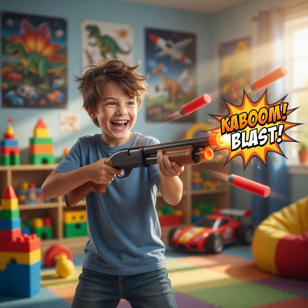 Pusca De Jucarie Cu Pompa Si 4 Cartuse Pentru Copii, Shotgun Interactiv Cu Sunet De Reincarcare Si Tragere, Jucarie Tip Pump Action Cu Proiectile Moi Si Design Realist, Set Distractiv De Joaca Copii 3+, Maro/Negru 5