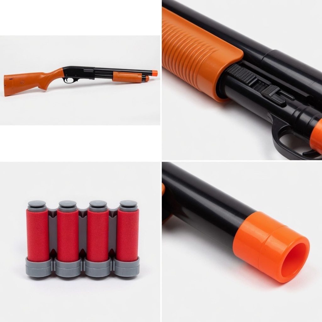 Pusca De Jucarie Cu Pompa Si 4 Cartuse Pentru Copii, Shotgun Interactiv Cu Sunet De Reincarcare Si Tragere, Jucarie Tip Pump Action Cu Proiectile Moi Si Design Realist, Set Distractiv De Joaca Copii 3+, Maro/Negru 3