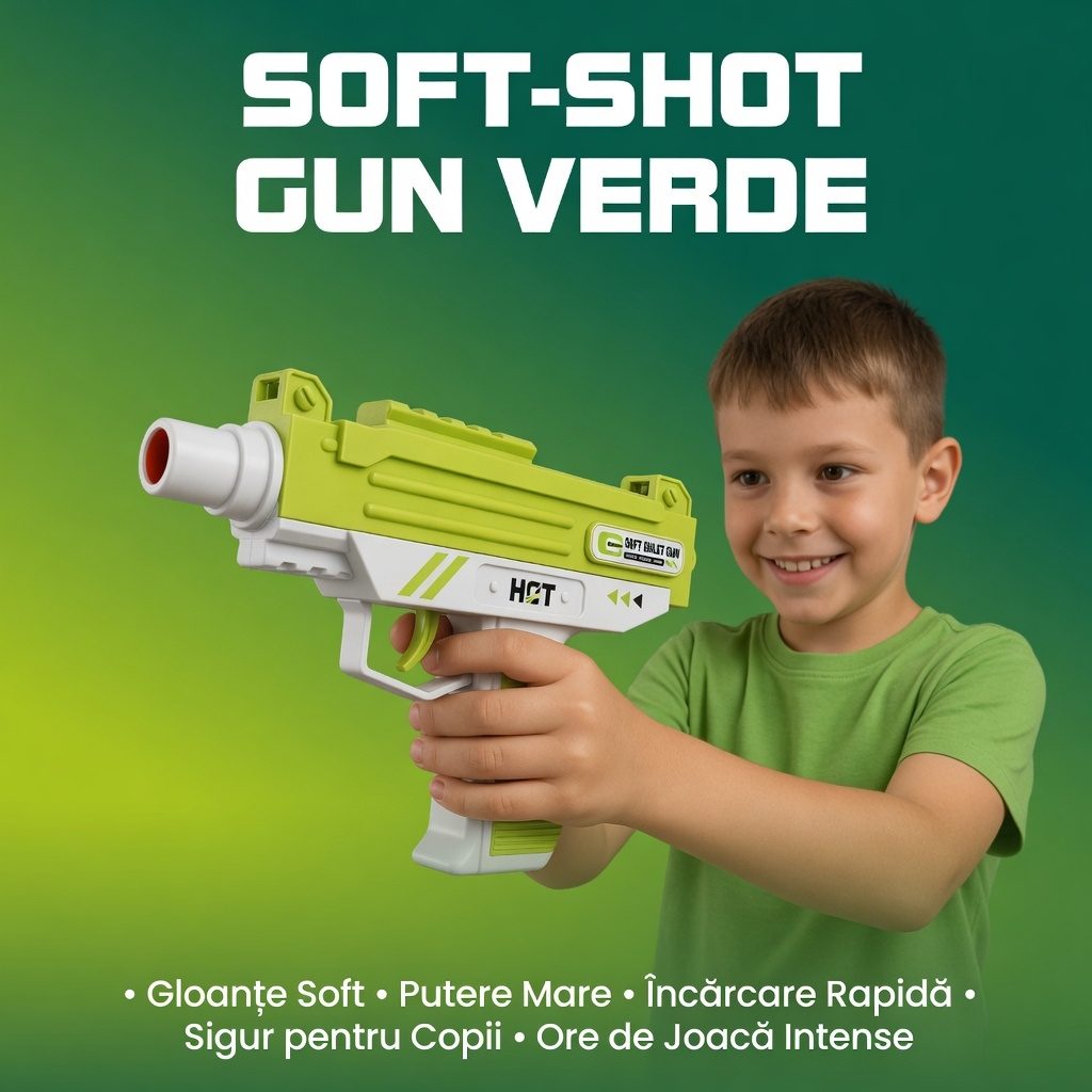 Pistol Automat De Jucarie Cu Gloante Din Burete Pentru Copii, Blaster Tip Uzi Cu Proiectile Moi Si Reincarcare Manuala, Arma De Jucarie Compacta Cu Design Modern Pentru Joaca Interior Exterior Copii 8+ Ani, Verde 3