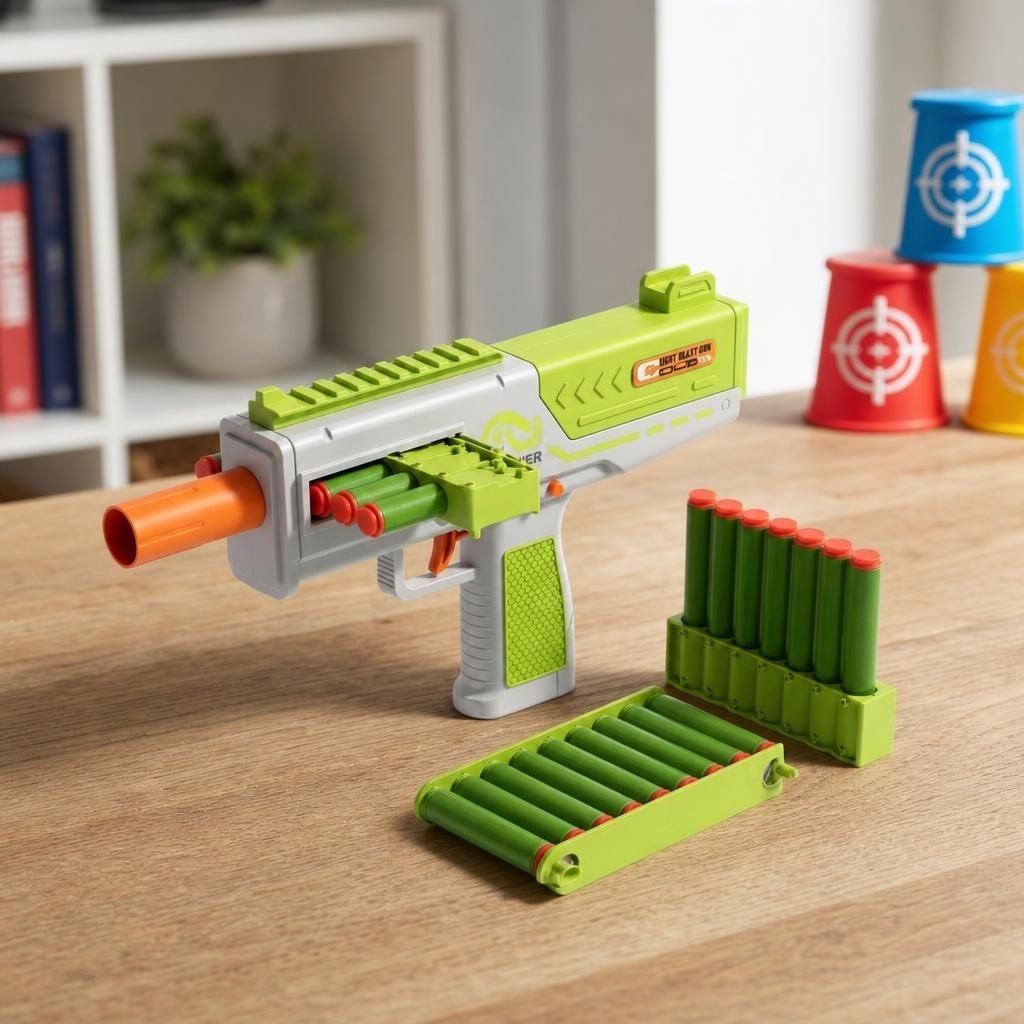 Pusca Mitraliera De Jucarie Cu Gloante Din Burete Pentru Copii, Blaster Cu Incarcator Detasabil Si Reincarcare Manuala, Arma De Jucarie Tip SMG Cu Proiectile Moi, Set Actiune Interior Exterior Copii 8+ Ani, Verde 4