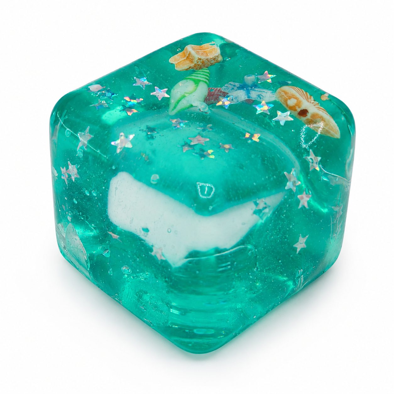 Jucarie Squishy tip Needoh in Forma de Cub, , Model Cub de Gheata cu Stele Maritime, Antistres Senzoriala Comprimabila cu Revenire Lenta, 4.5x4.5x4.5 cm, 110 g, Verde 2