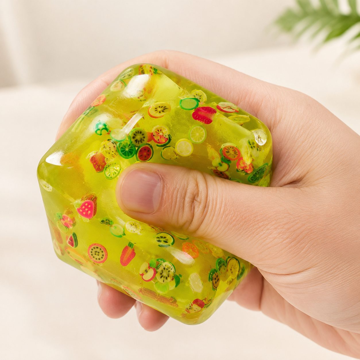 Jucarie Squishy tip Needoh in Forma de Cub, , Model Fructe de Vara, Antistres Senzoriala Comprimabila cu Revenire, 5 cm, Galben 3