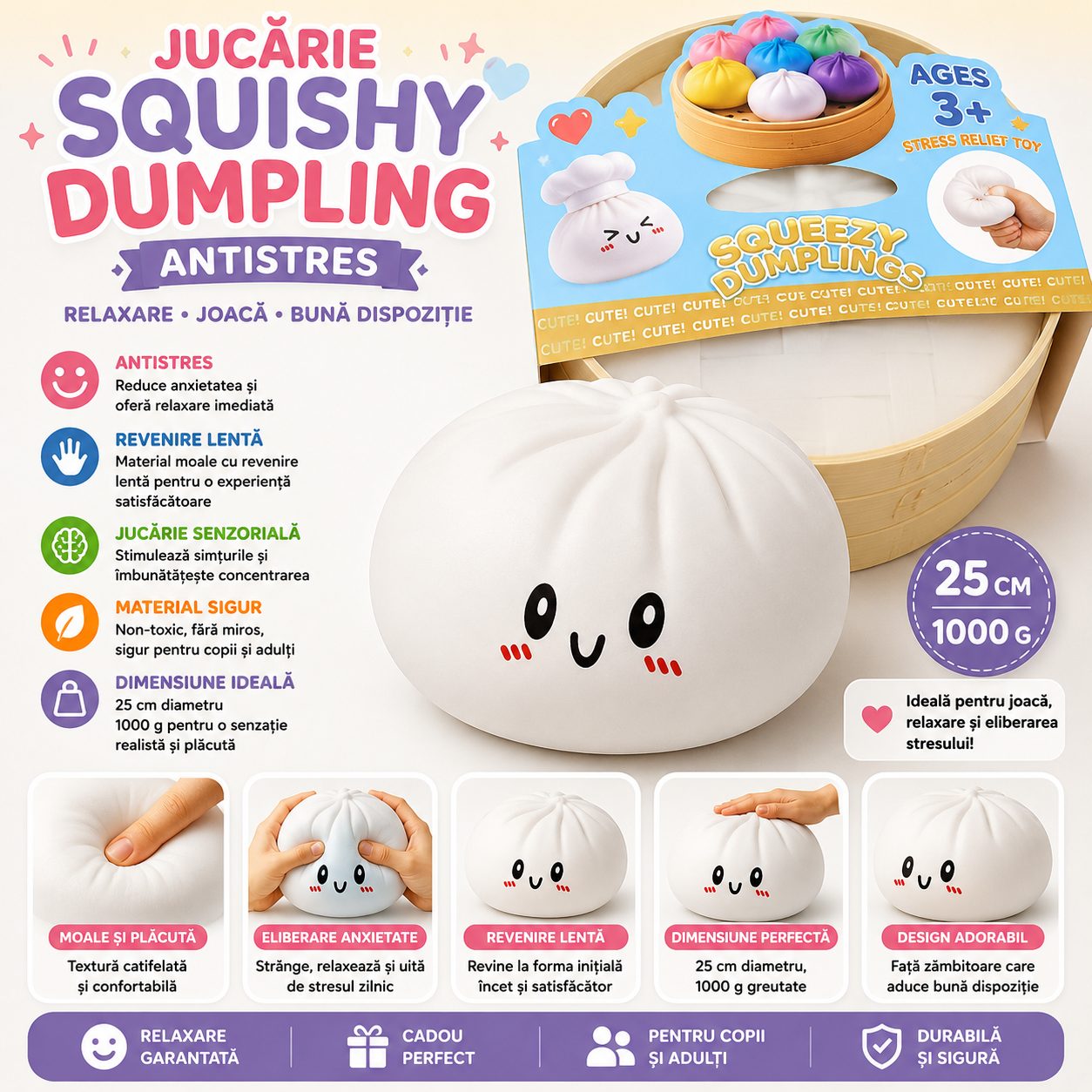 Jucarie Squishy Dumpling Antistres, , Model Fata Zimbitoare, Jucarie Senzoriala cu Revenire Lenta, pentru Copii si adulti, Relaxare si Eliberare Anxietate, 25 cm, 1000 g, Alb 2