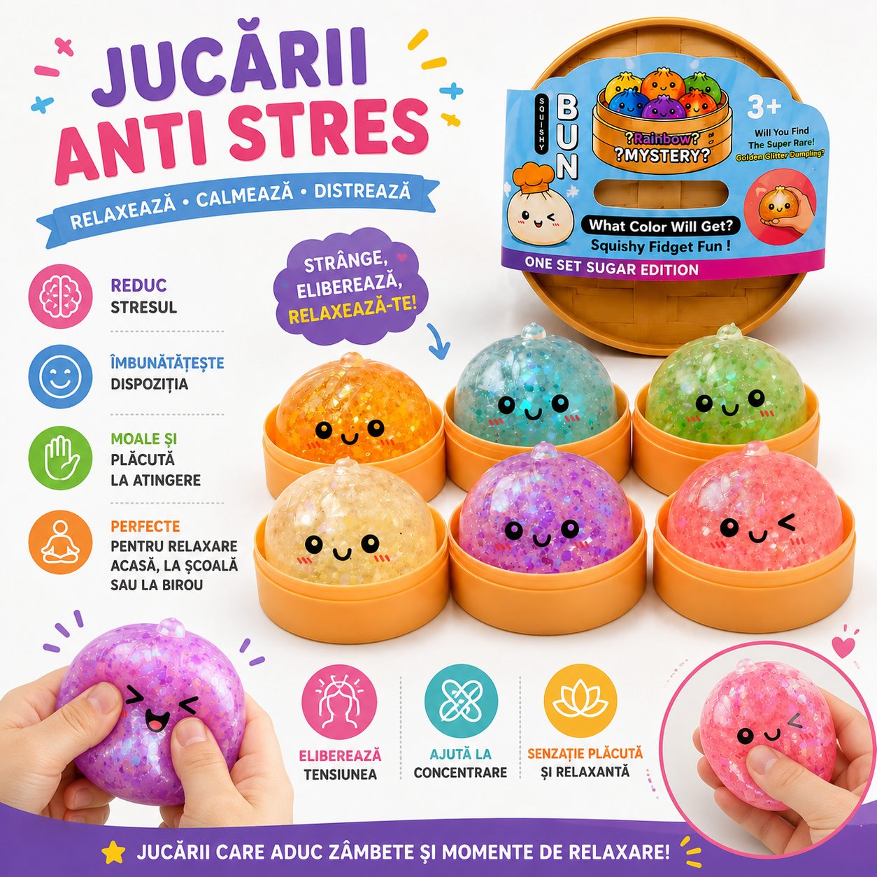 Jucarie squishy dumpling flippy cu efect glitter
