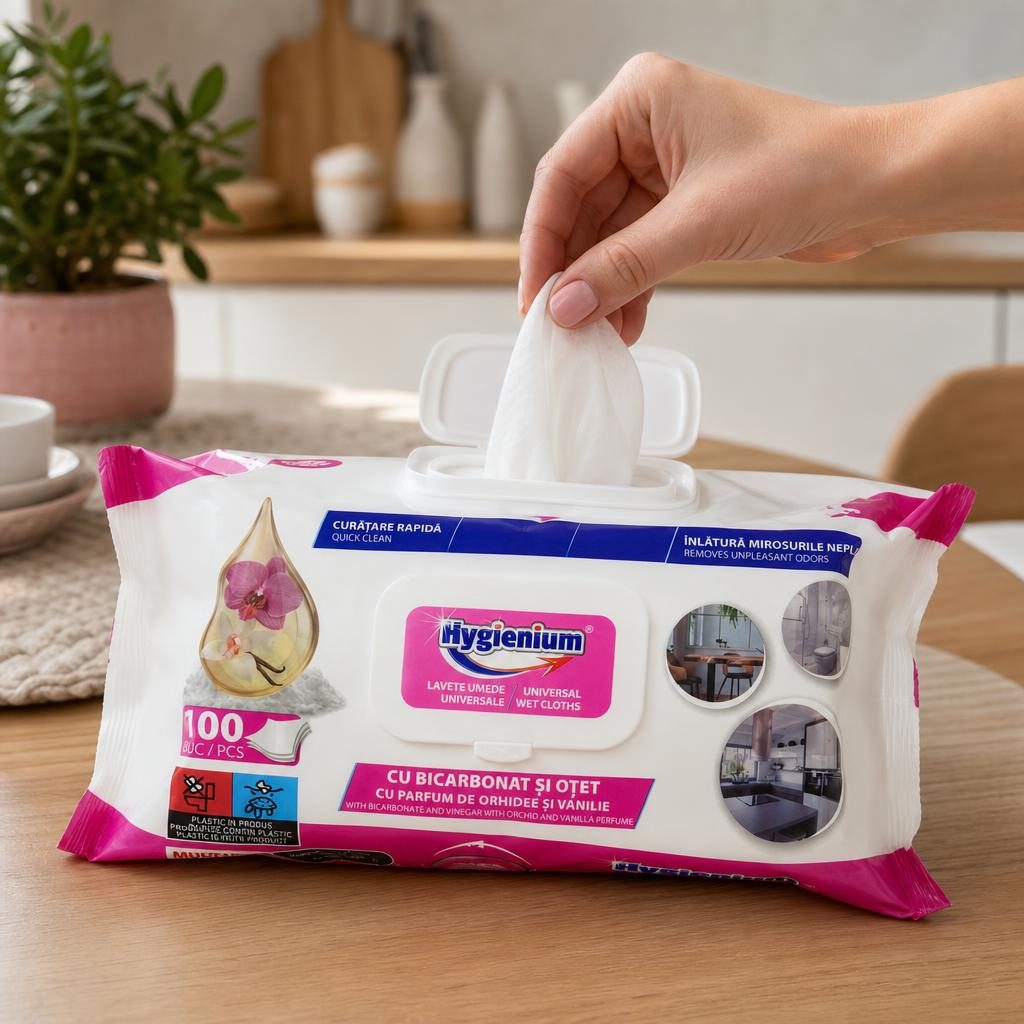 Hygienium Lavete Umede Universale 100 buc Bicarbonat Otet Orhidee Vanilie
