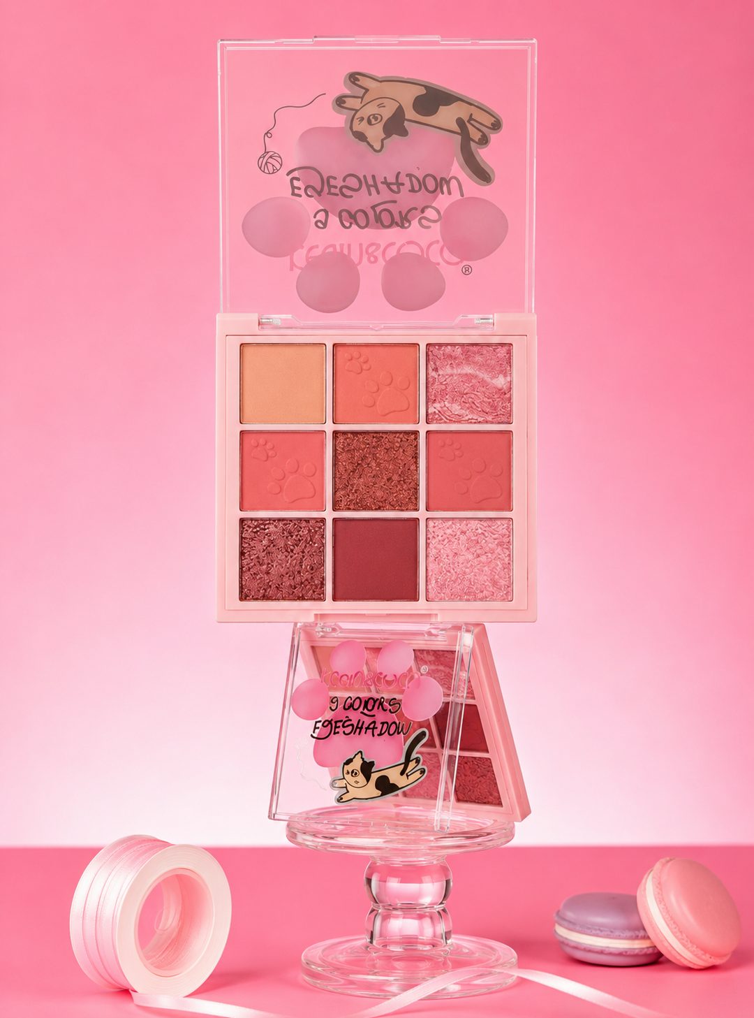 Paleta de Machiaj pentru Ochi, KEVIN & COCO 7.6x7.6x1.3cm, Cat Shadow, Model 1, 9 Nuante Naturale, Farduri Mate si Sidefate si Glitter pentru Look-uri de Zi si Seara, Cu Oglinda Integrata, Bej Piersica 3
