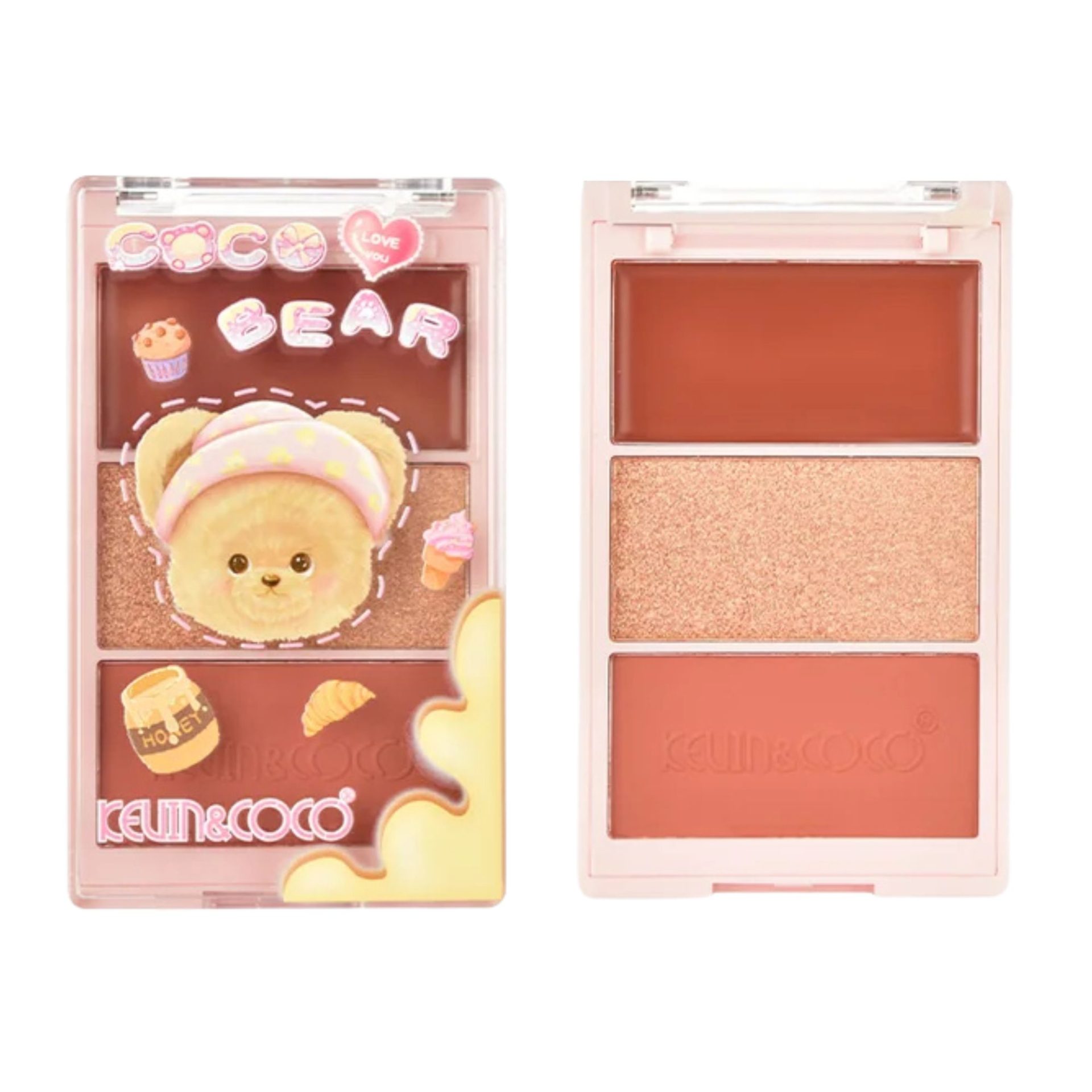 Paleta Fard de Obraz, Kevin&Coco, 3 Culori, Blush, Iluminator, Contur, Textură Fină, Efect Natural, pentru Toate Tipurile de Ten, 71.7 g, 6.7 x 1.5 x 11 cm, Bronz 1