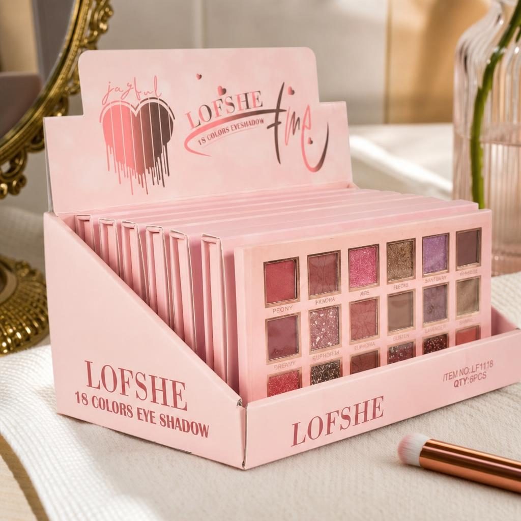 Display cu 6 Palete Farduri de Ochi, Lofshe, 18 Culori, Nuanțe Mate și Sidefate, Pentru Machiaje Naturale și Accentuate, Ideal pentru Utilizare Zilnică și Ocazii Speciale, Nuante Mate si Glitter Sidefate Roz Pal 5