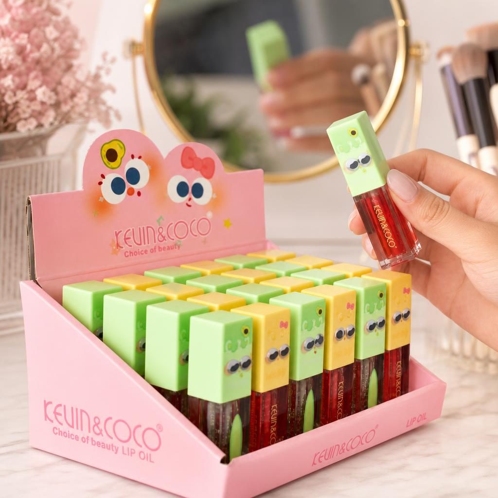 Set 24 Uleiuri de Buze Kevin&Coco, Lip Oil Hidratant, Aplicator Tip Gloss, Aspect Lucios și Confortabil, Îngrijire și Hidratare pentru Buze, Design Colorat cu Personaje, Roz 4