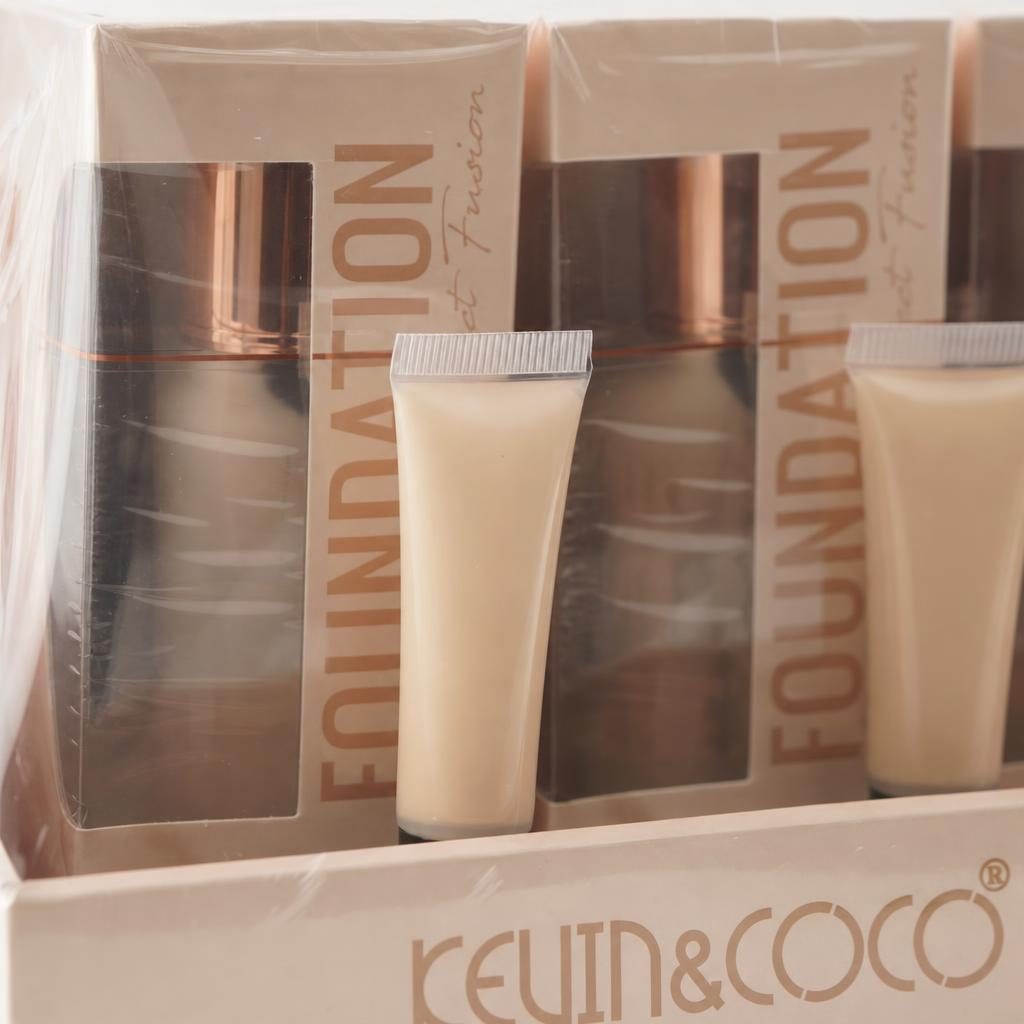 Set 12 Bucati Fond de Ten Lichid, Kevin&Coco, Perfect Fusion, Nuanta Bej Nude, Textura Fluida, Acoperire Uniforma, Tub Flexibil cu Capac Rose Gold, Bej 3