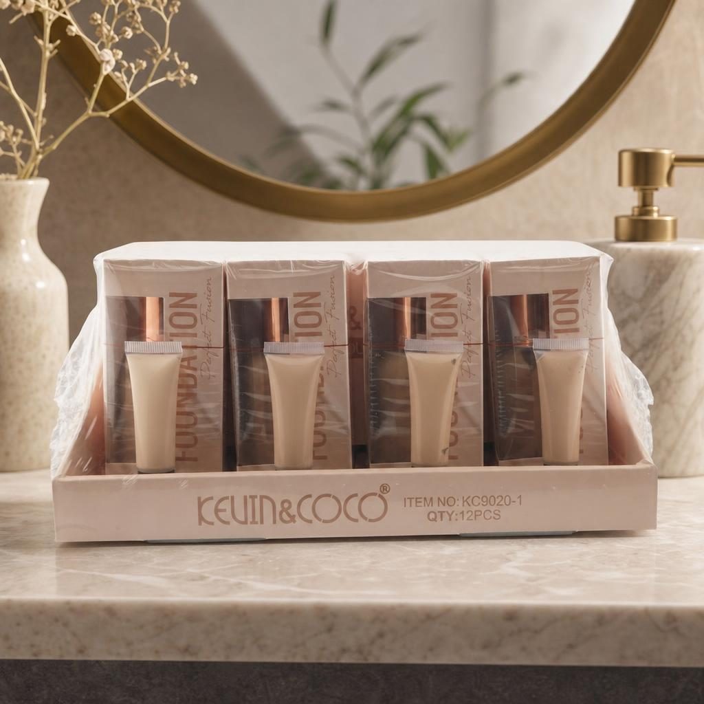 Set 12 Bucati Fond de Ten Lichid, Kevin&Coco, Perfect Fusion, Nuanta Bej Nude, Textura Fluida, Acoperire Uniforma, Tub Flexibil cu Capac Rose Gold, Bej 5