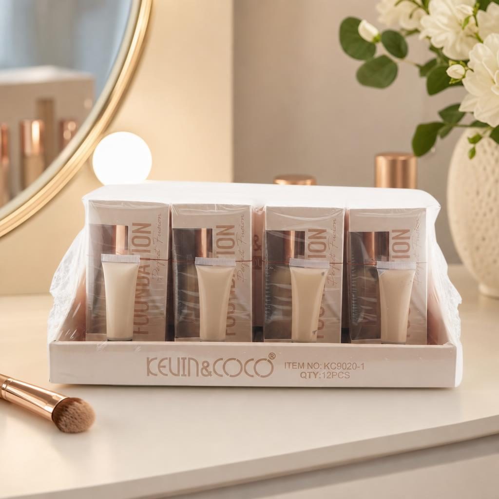 Set 12 Bucati Fond de Ten Lichid, Kevin&Coco, Perfect Fusion, Nuanta Bej Nude, Textura Fluida, Acoperire Uniforma, Tub Flexibil cu Capac Rose Gold, Bej 2