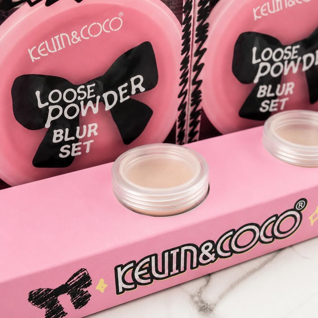 Set 12 Bucati Pudra Fixatoare pentru Fata, Kevin&Coco, Loose Powder Blur Set, Burete Aplicator Inclus, Efect Blur si Matifiant, Recipient Rotund Compact, Roz 2