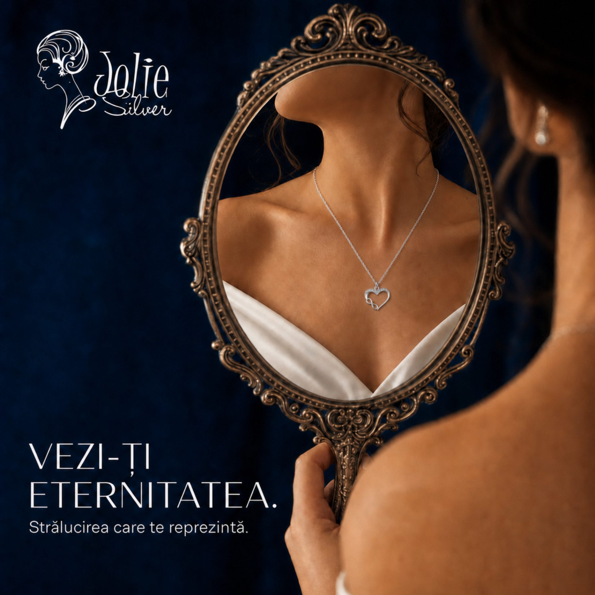 Detaliu pandantiv argint 925 cu design inimă și infinit