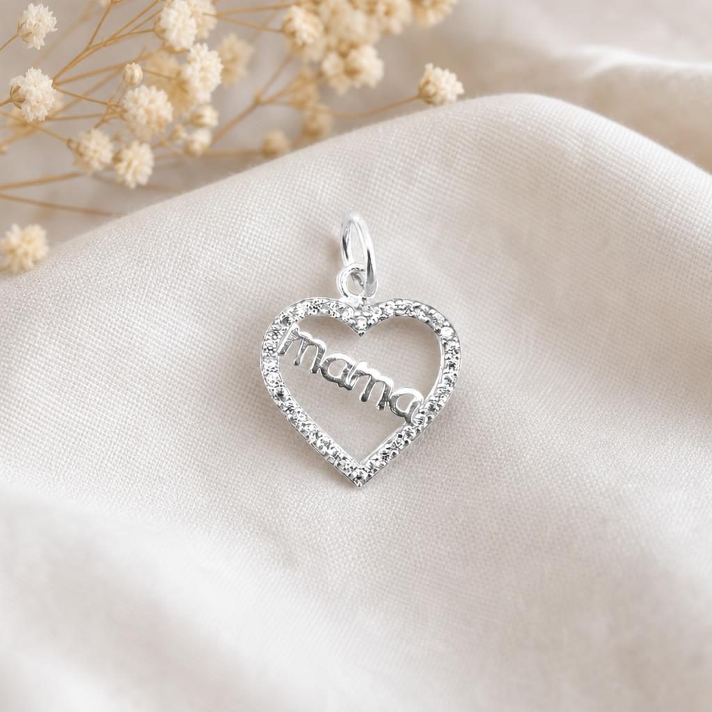 Pandantiv din Argint 925, Jolie Silver, pentru Dama, Model Mama in Inima cu Pietre de Zirconiu Cubic, 1.25 g, 2 x 1 cm, Argintiu