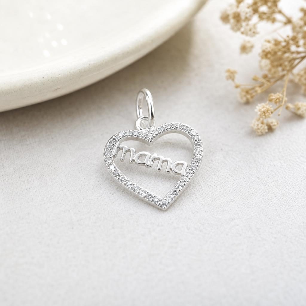 Pandantiv din Argint 925, Jolie Silver, pentru Dama, Model Mama in Inima cu Pietre de Zirconiu Cubic, 1.25 g, 2 x 1 cm, Argintiu